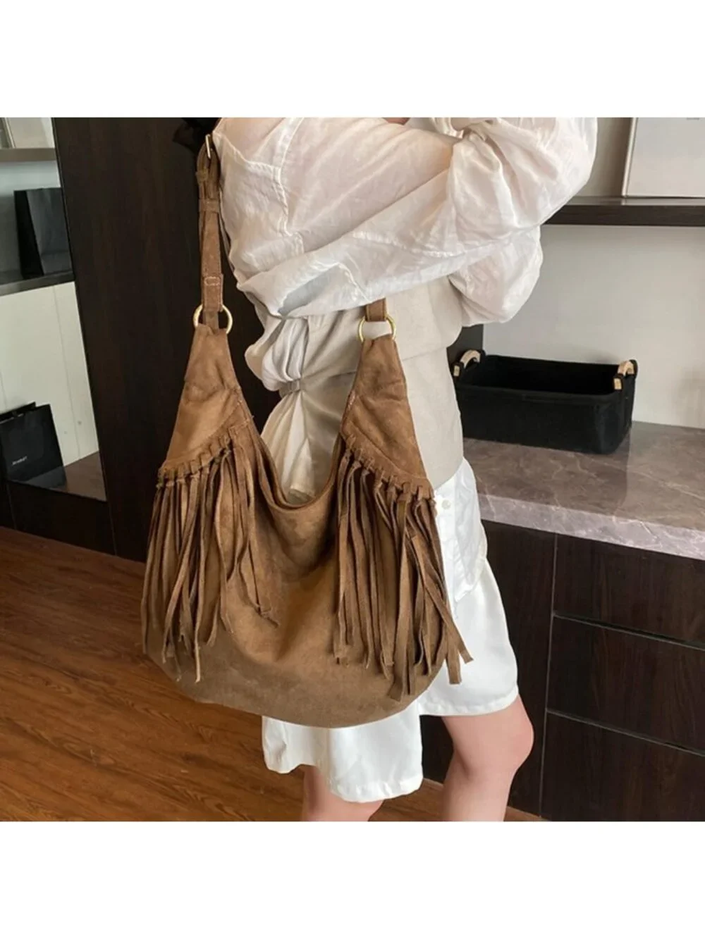 Vintage Suede Fringe Hobo Tote Bag | Western Cowgirl Crossbody Purse